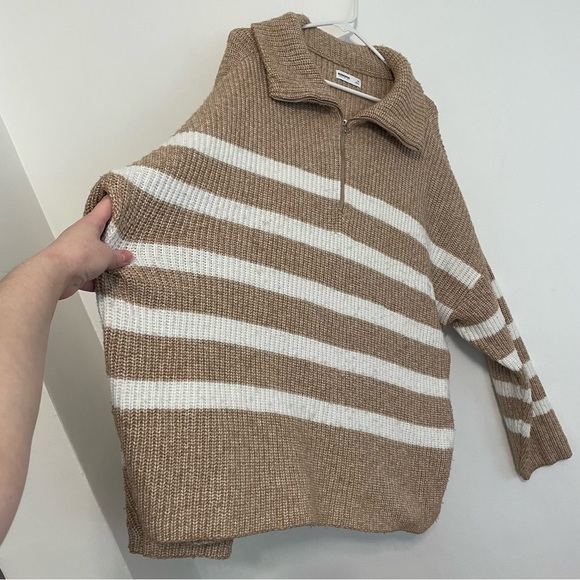 SONOMA Plus Size Quarter Zip Tunic Sweater Tan Brown White Striped 1/4 Zip Fall - Picture 10 of 15